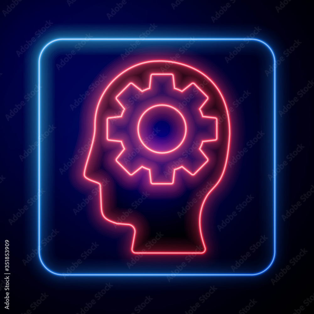闪闪发光的霓虹灯——蓝色背景上隔离的内置齿轮图标的人头。人工智能。
