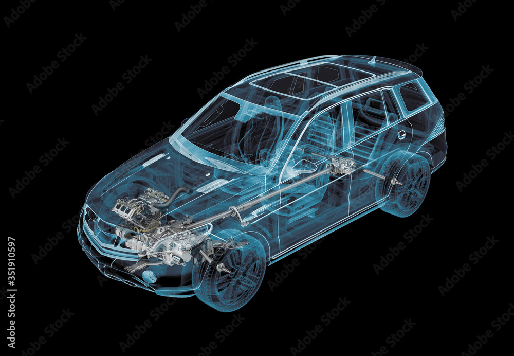 具有x射线效果和动力传动系统的SUV汽车的技术三维插图。