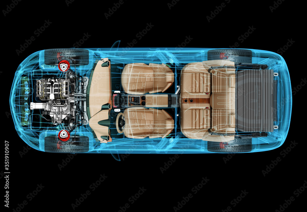具有x射线效果的SUV汽车的技术三维插图。俯视图。发动机、车轮和内饰。打开w