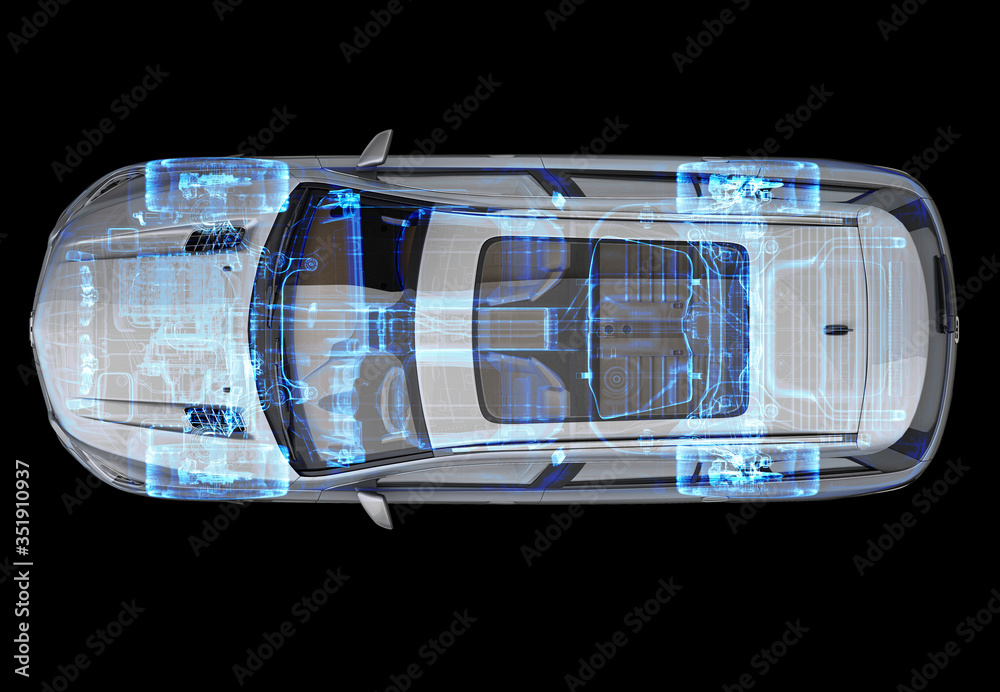 具有x射线效果的SUV汽车的技术三维插图。俯视图。