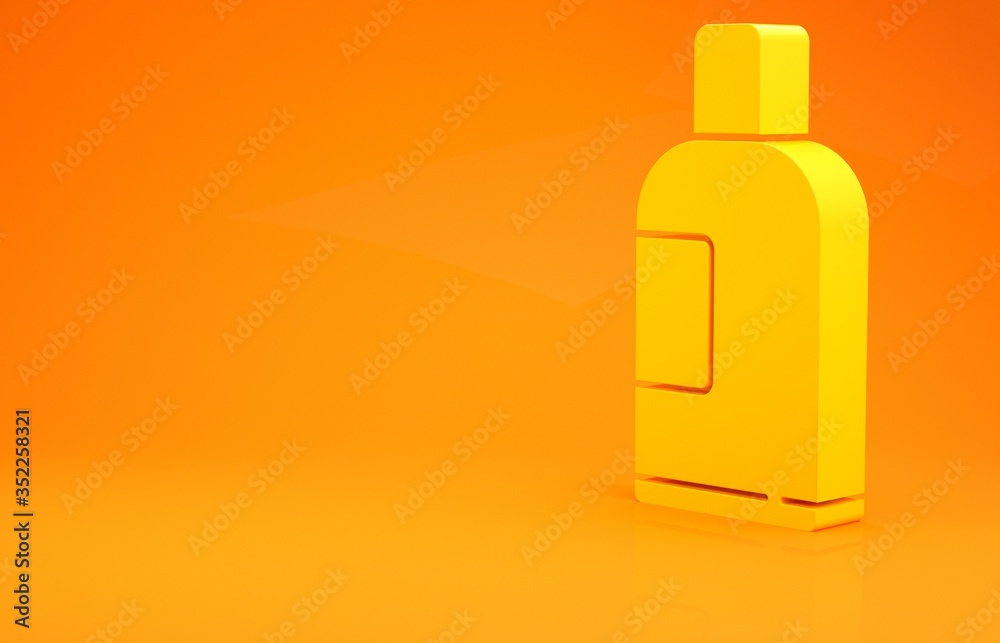 黄色洗发水瓶图标隔离在橙色背景上。极简主义概念。3d插图