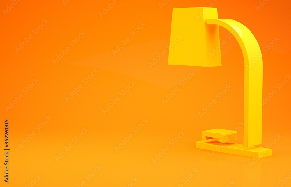 黄色台灯图标隔离在橙色背景上。台灯办公灯。极简主义概念。3d照明