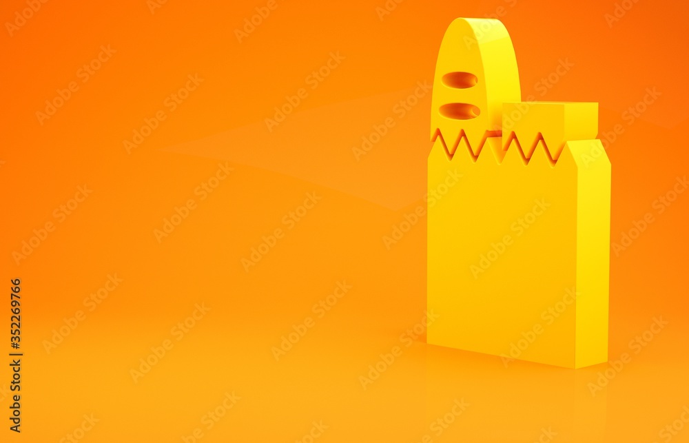 黄色纸袋和橙色背景上隔离的食品图标。食品店，超市。迷你