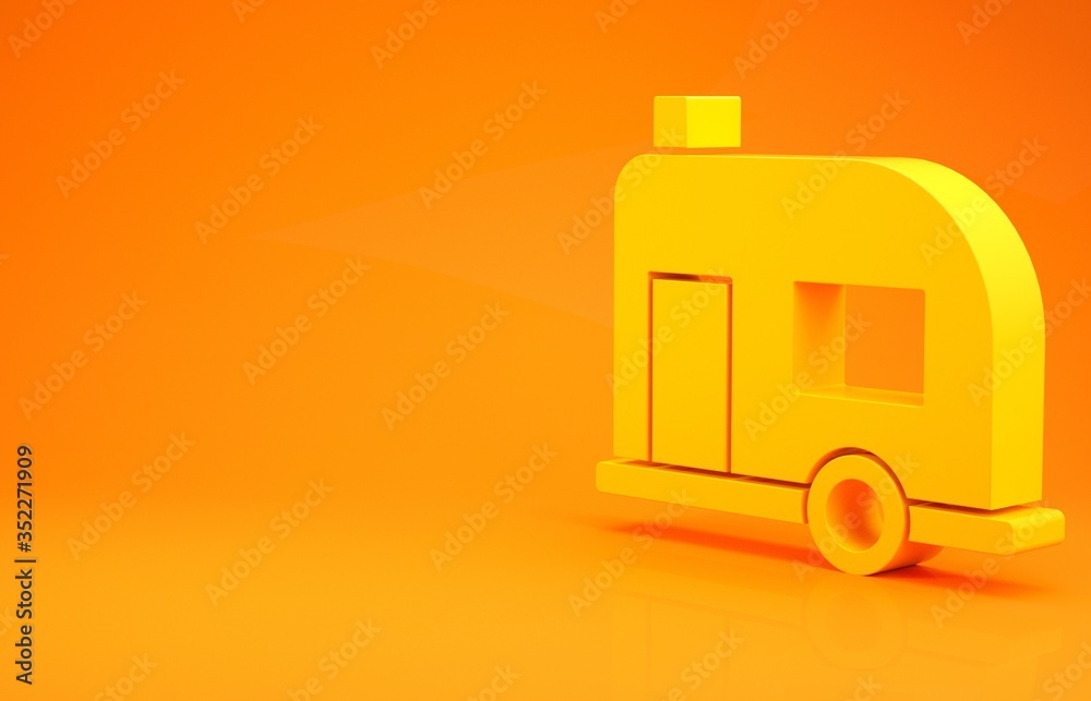 黄色Rv露营拖车图标隔离在橙色背景上。旅行移动房屋、房车、家庭营地