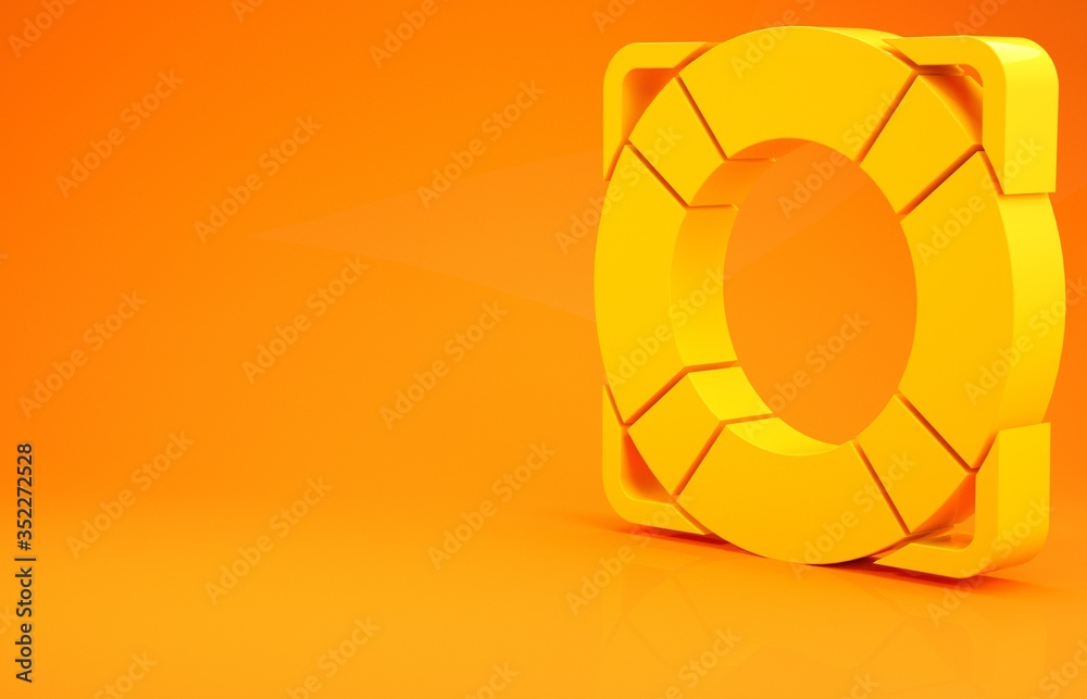 Yellow Lifebuoy icon isolated on orange background. Lifebelt symbol. Minimalism concept. 3d illustra