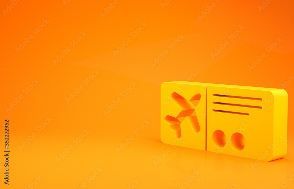 橙色背景上隔离的黄色机票图标。飞机票。极简主义概念。3d插图