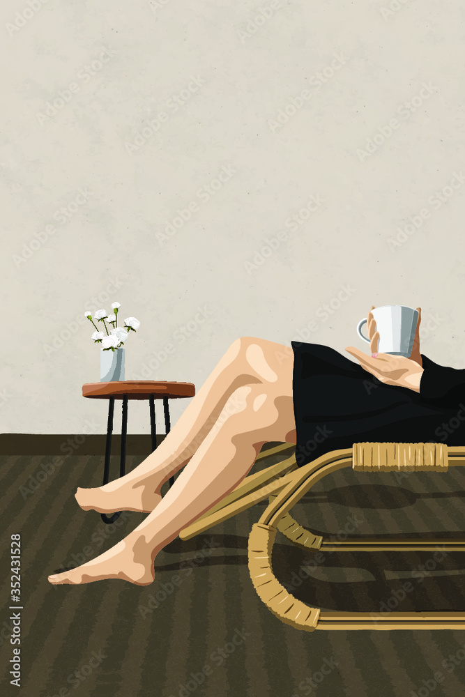 坐在编织椅上，手里拿着一杯咖啡的女人矢量