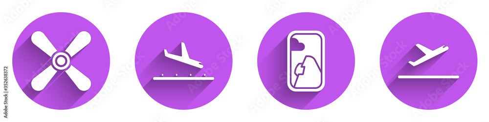 Set Plane propeller, Plane landing, Airplane window and Plane takeoff icon with long shadow. Vector.