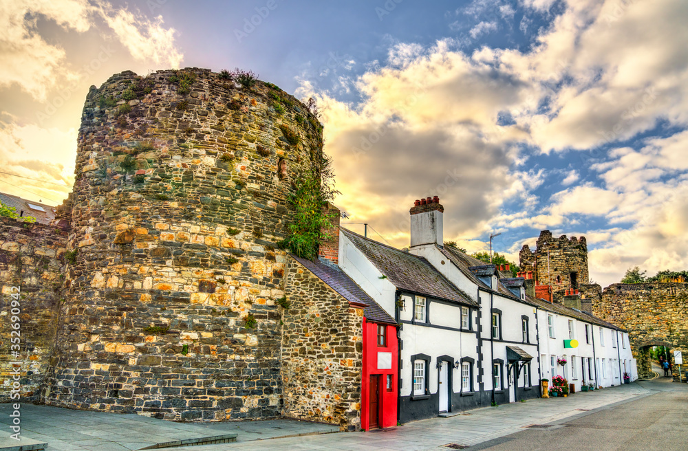Houses and city walls in Conwy, Wales
