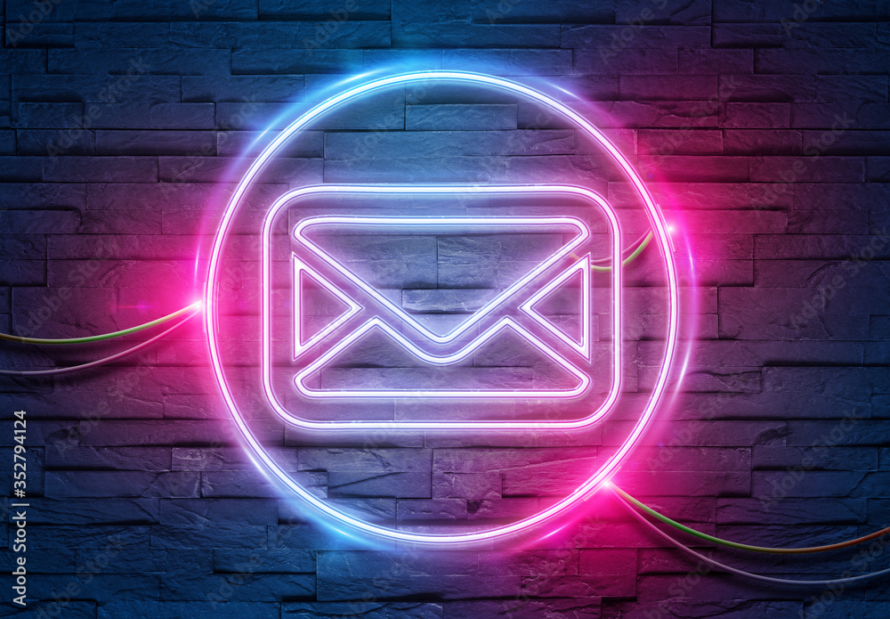 Email neon icon illuminating a brick wall with blue and pink glowing light 3D rendering