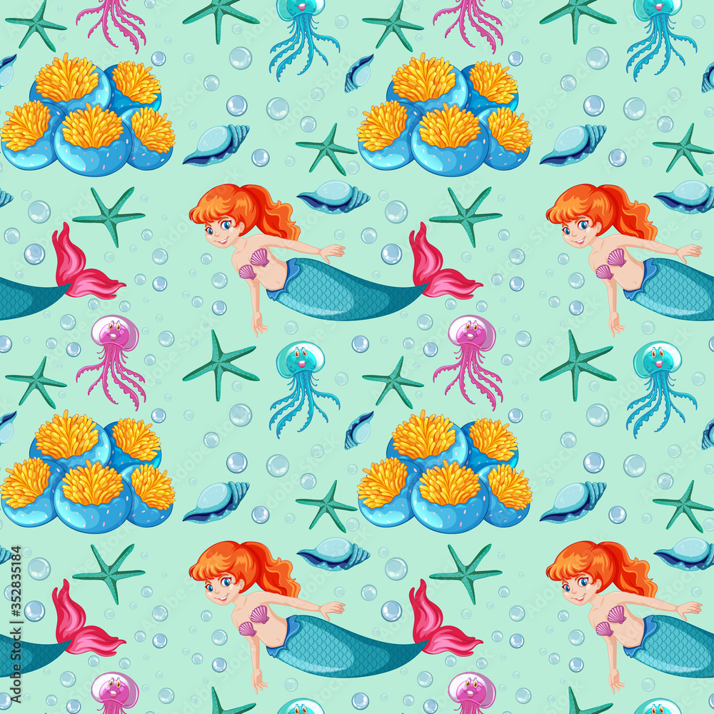 Seamless mermaid and sea animal cartoon style on blue background