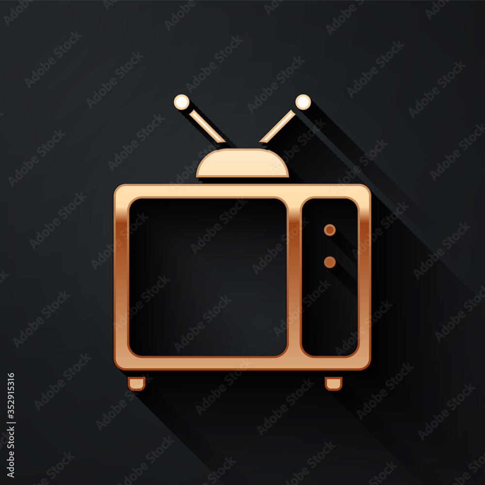 Gold Retro tv icon isolated on black background. Television sign. Long shadow style. Vector.