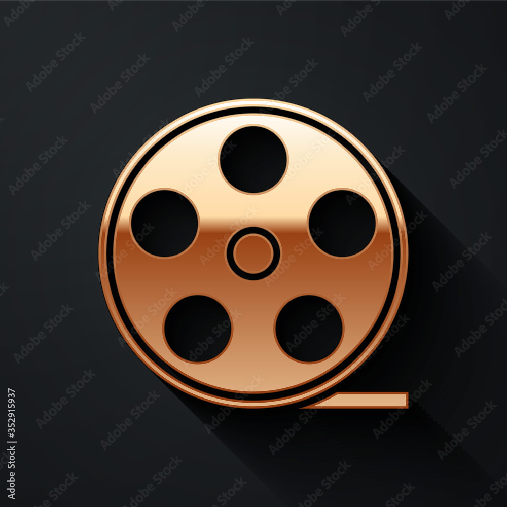 Gold Film reel icon isolated on black background. Long shadow style. Vector.