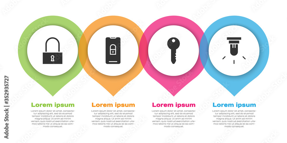 Set Lock，Mobile with closed挂锁，Key and Motion sensor.Business infographic template.Vvector（设置锁，带闭合挂锁的
