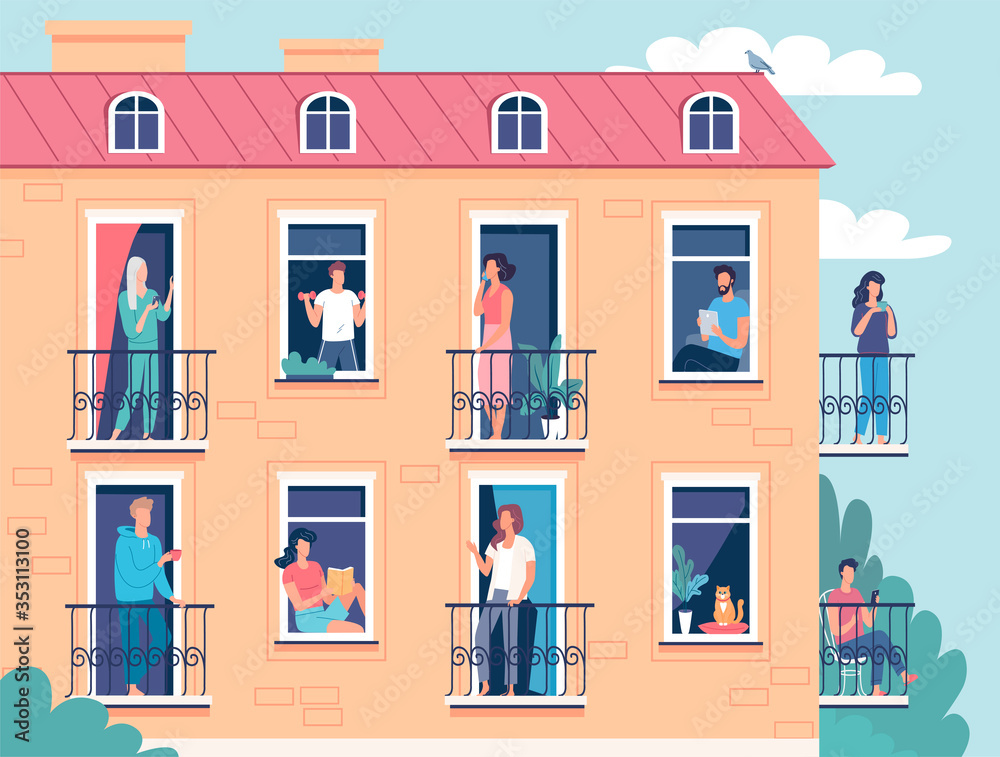 People spend their time at home isolation during quarantine vector illustration