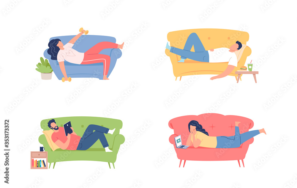 人们躺在沙发上放松矢量插图