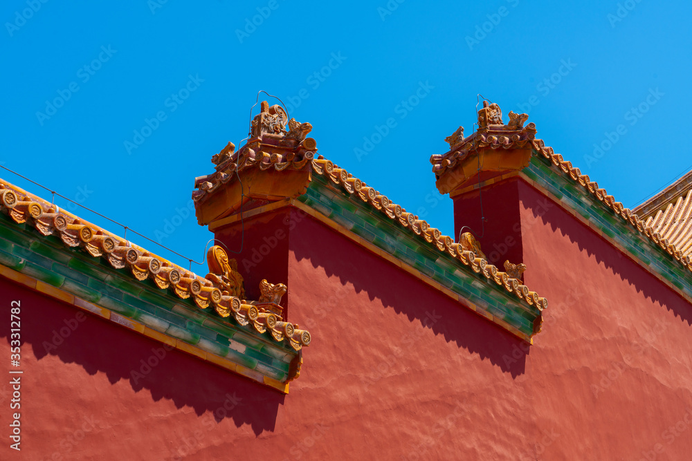 Red wall in the forbidden city. Chinese traditional symbols. Minimal background.