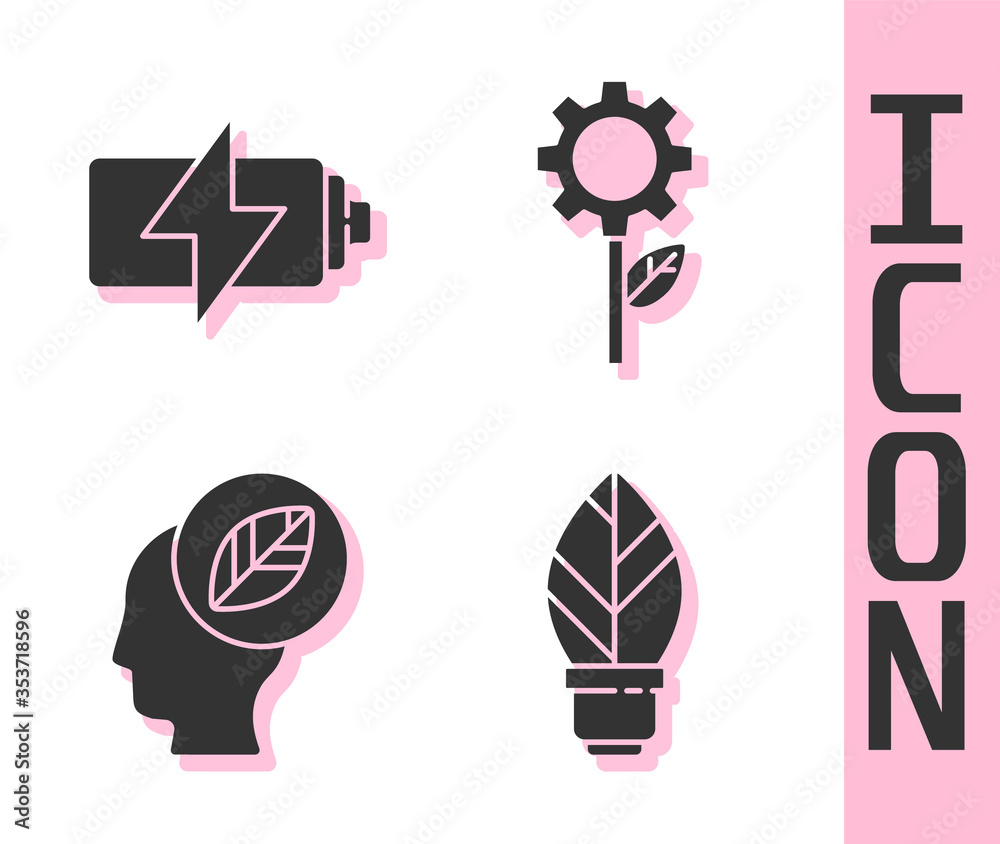 Set Light bulb with leaf, Battery, Human head with leaf inside and Leaf plant in gear machine icon. 