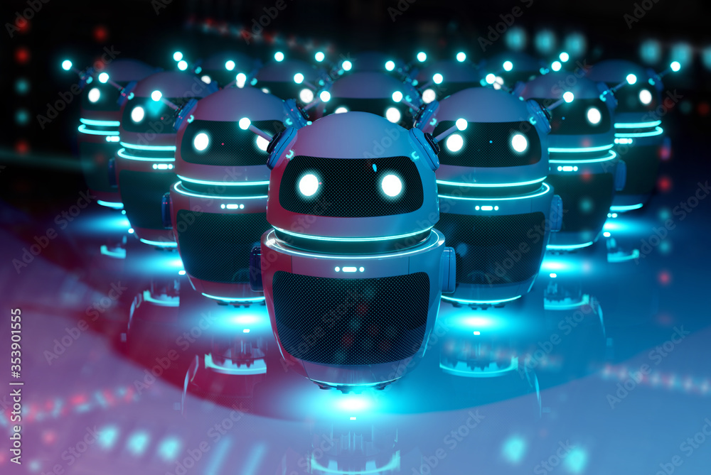 白色聊天机器人领导机器人小组在深蓝色-红色背景下进行3D渲染