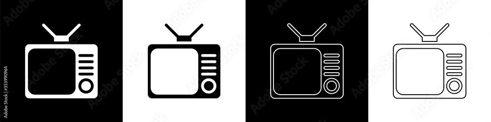 Set Retro tv icon isolated on black and white background. Television sign. Vector. Illustration
