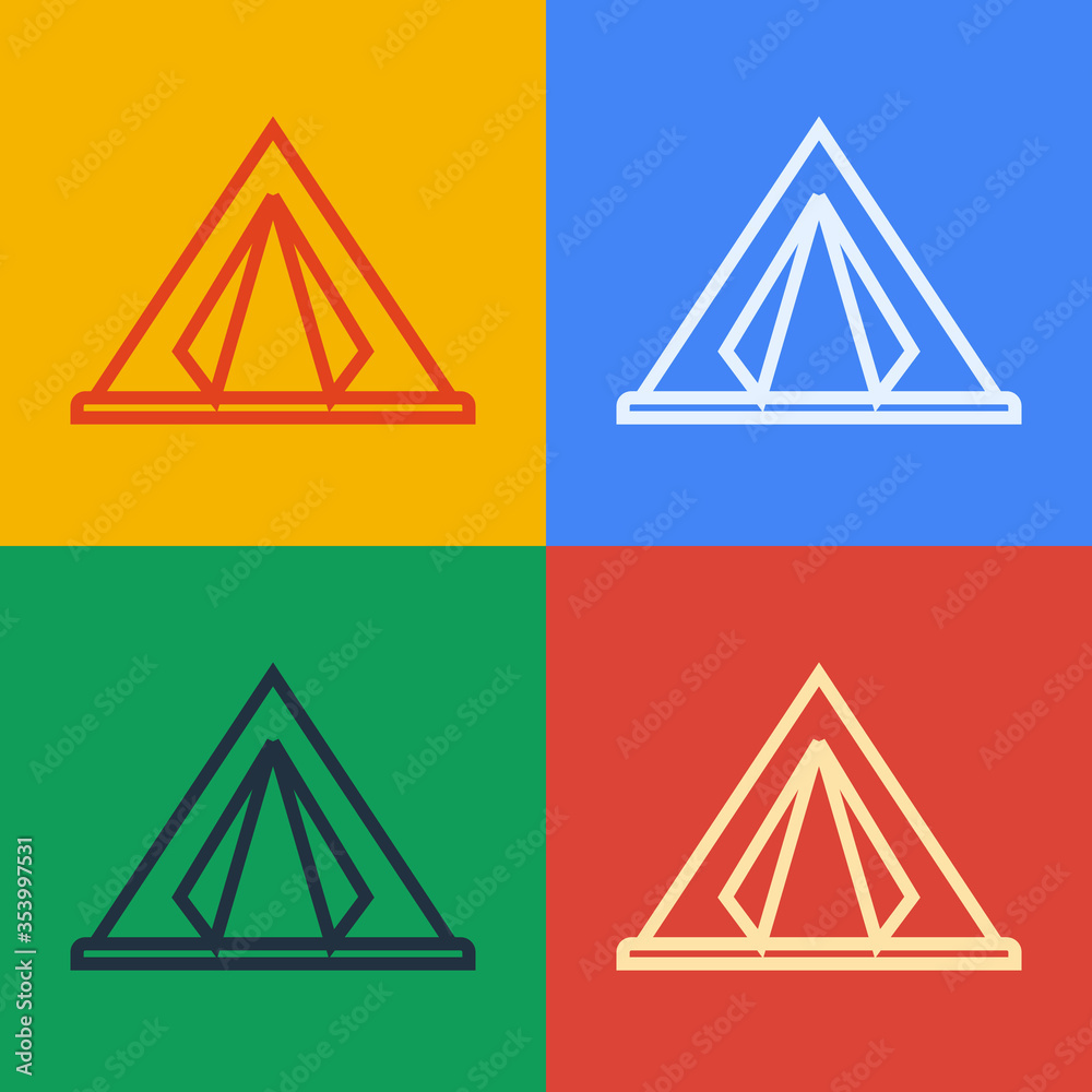 流行艺术线旅游帐篷图标隔离在彩色背景上。露营符号。矢量。插图