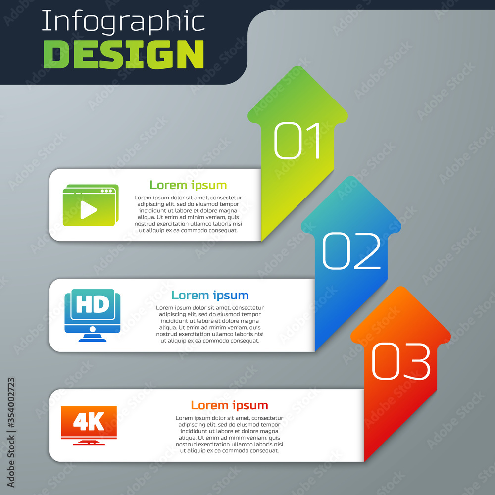 Set Online play video, Monitor with HD video and Screen tv with 4k. Business infographic template. V