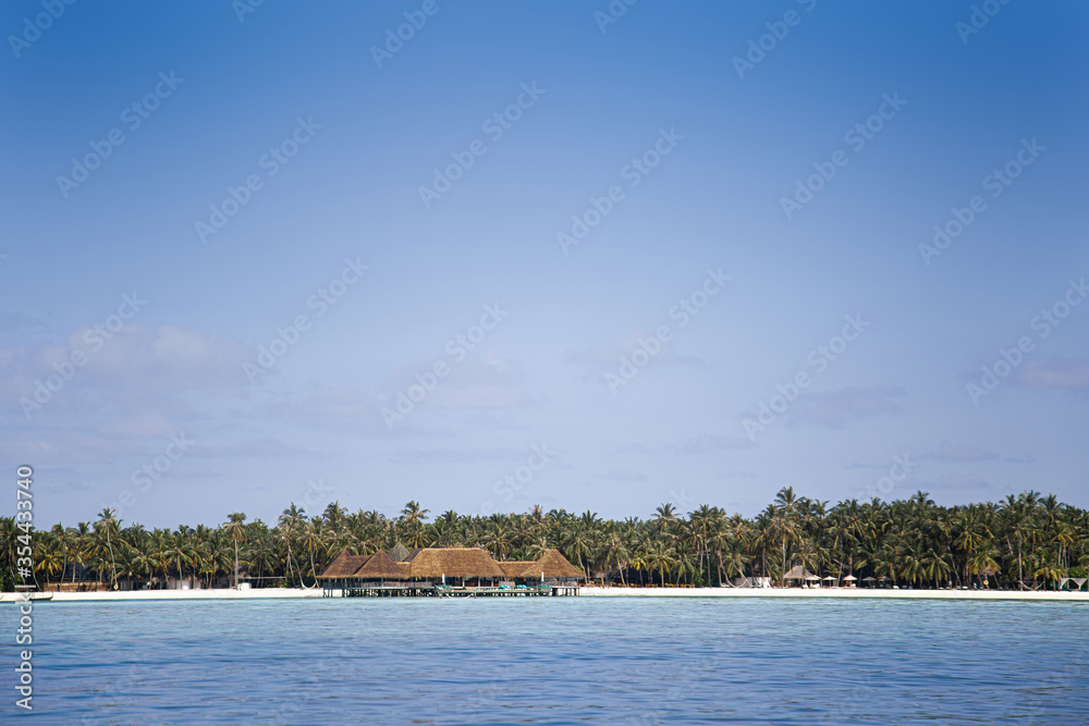 热带岛屿上棕榈树和水上别墅的全景。