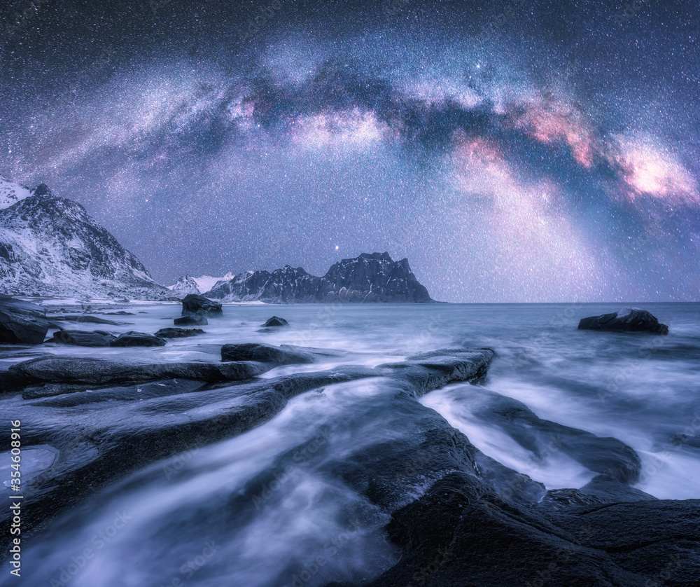 挪威罗弗敦群岛冬季夜晚，白雪覆盖的山脉和岩石海滩上的银河