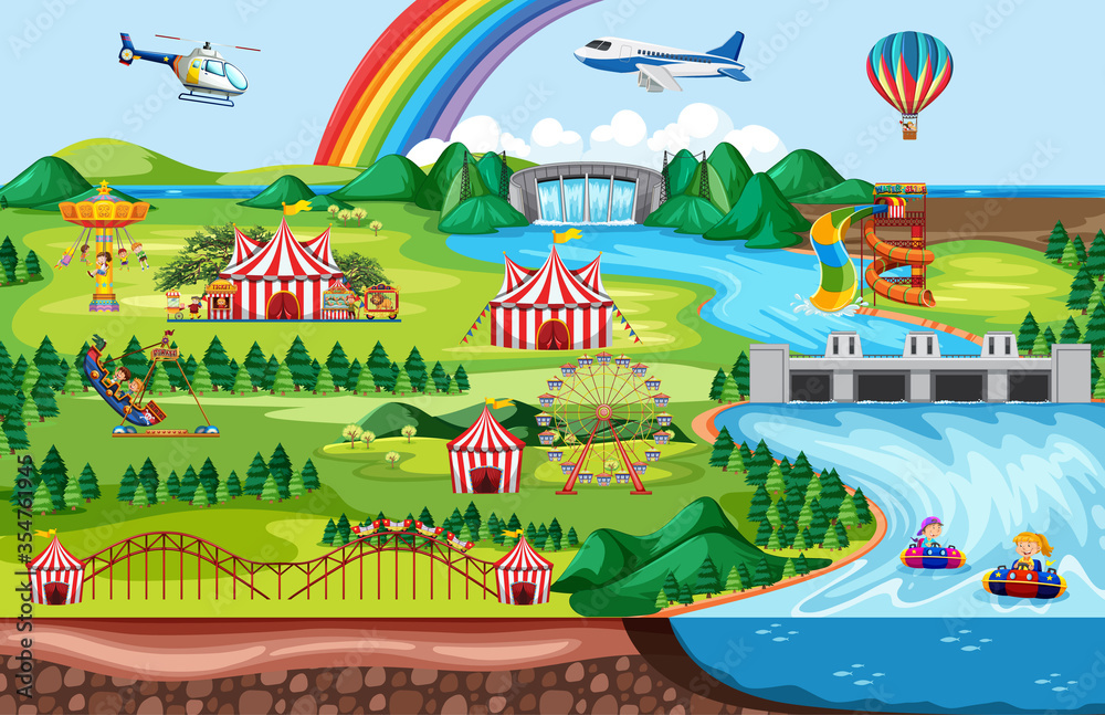 彩虹、飞机和直升机主题景观游乐园