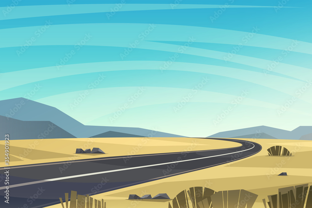 穿过沙漠的沥青路，矢量背景。高速公路。