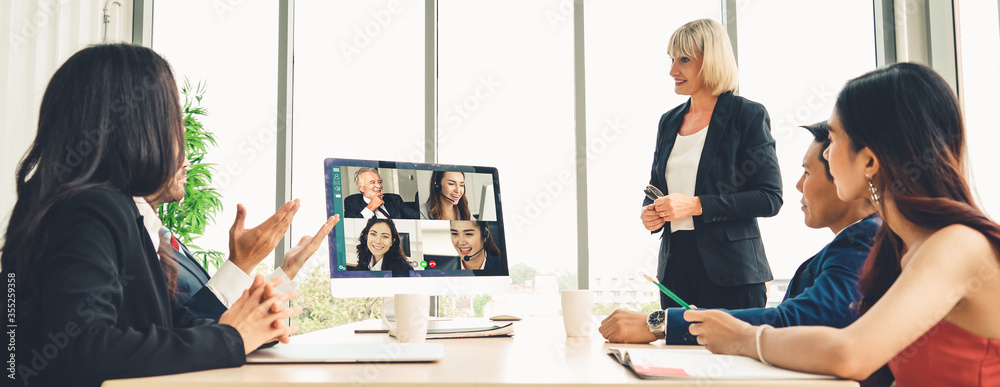 Video call group business people meeting on virtual workplace or remote office. Telework conference 