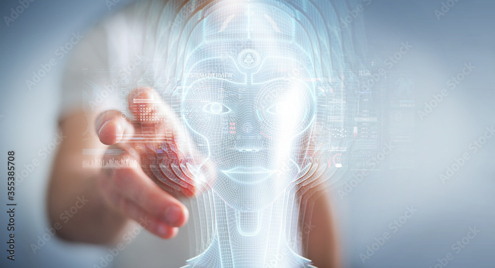 商人使用数字人工智能头部界面3D渲染