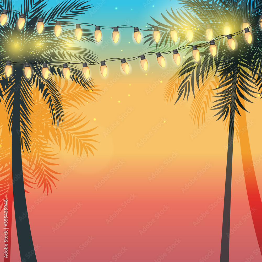 Summer holiday design sunset with palm leaves and Yellow Garland Lamp Bulbs. Vector Illustration