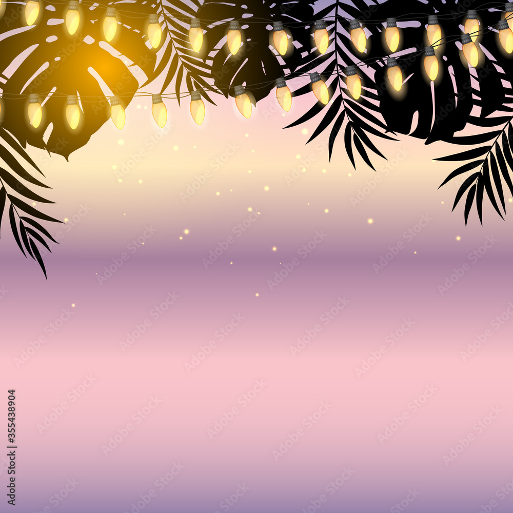 带棕榈叶和黄色Garland灯泡的暑假日落设计。矢量插图