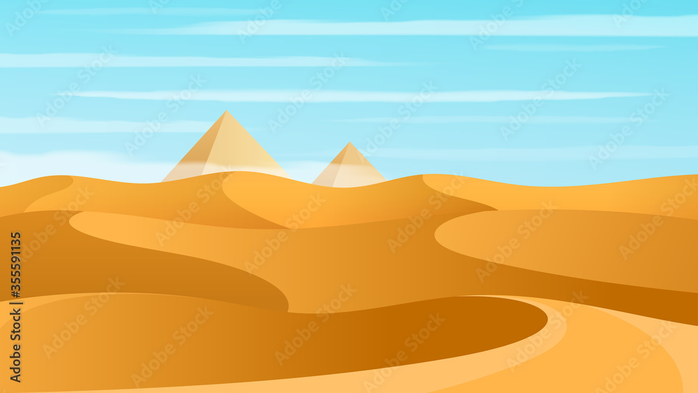 埃及沙漠景观，有金字塔和沙丘。
