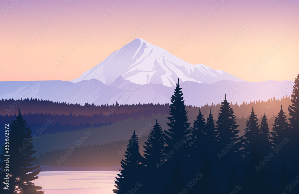 森林和湖泊的山地景观矢量图。日落时的雪山山峰。