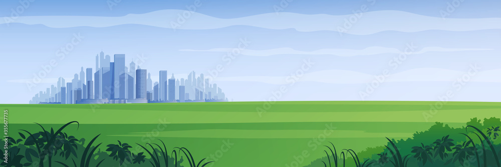 夏季城市景观背景。现代城市全景，矢量插图。