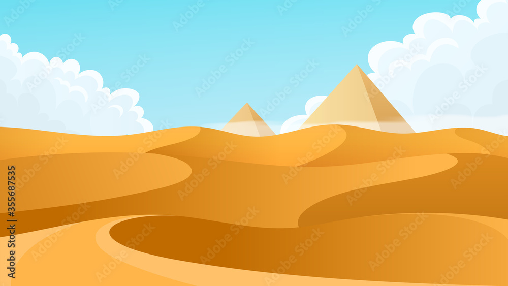 Desert landscape with pyramids.