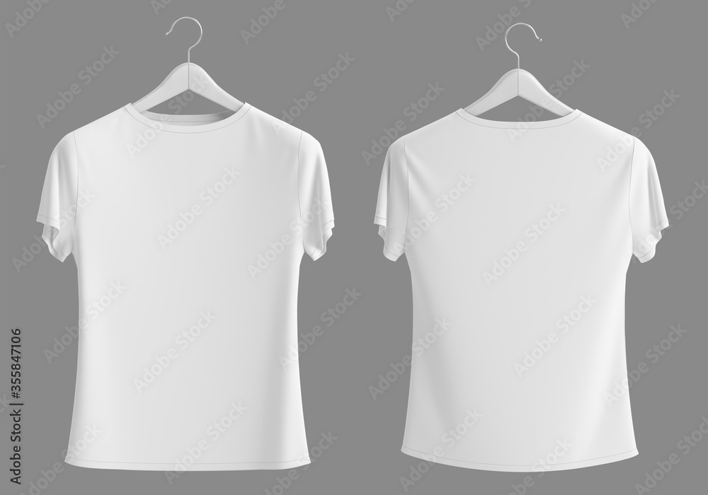 悬挂在灰色背景上的空白正面和背面白色T恤-适合您的实物模型模板