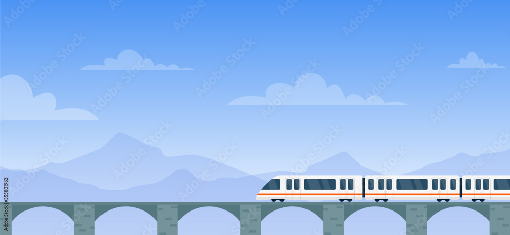 乘火车旅行矢量插图。卡通平面现代电动特快列车，旅客出行