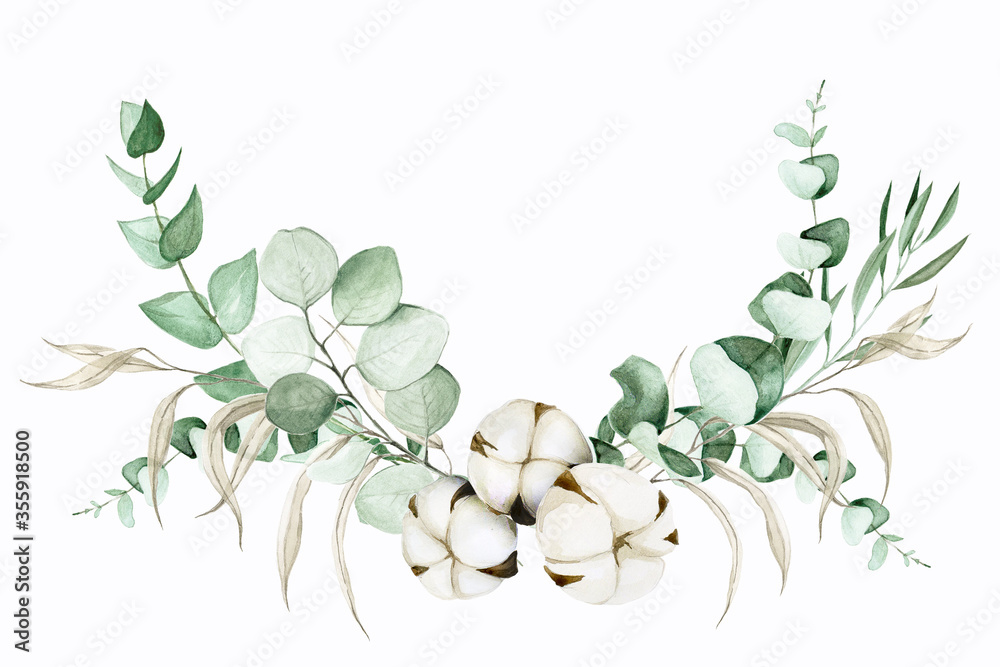 水彩画。小插曲，圆形框架，由棉花花、桉树和柳叶制成。