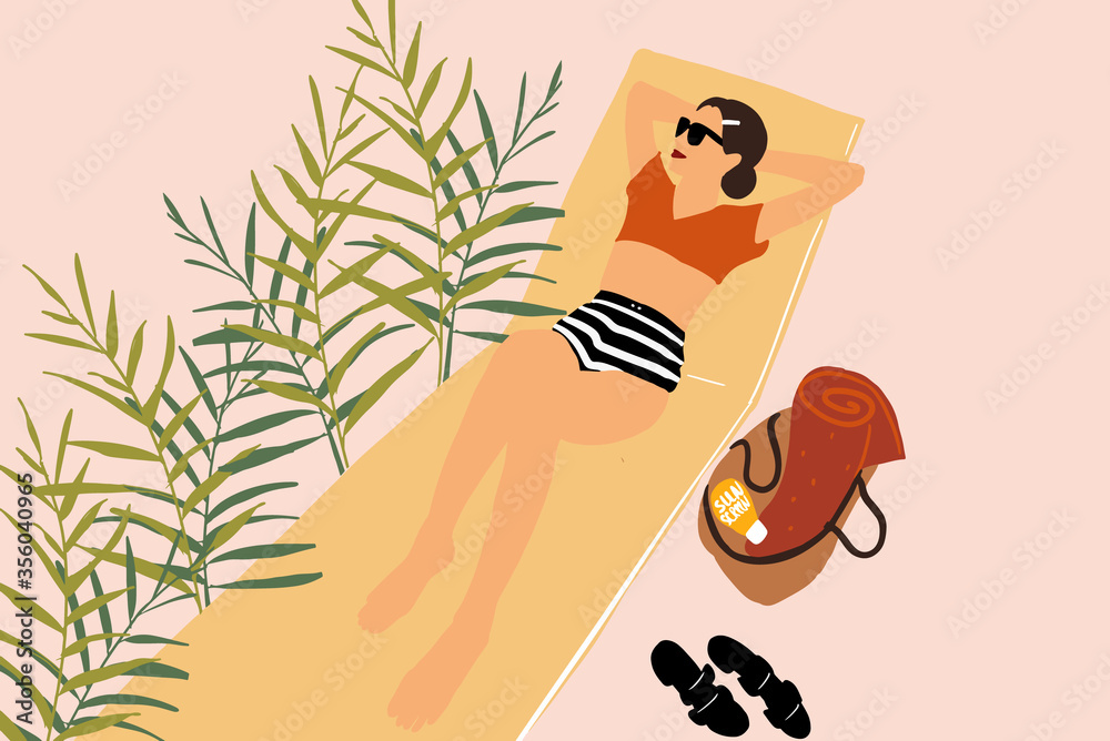 Vector illustration of a beautiful woman sunbathing on a blanket. Concept of a summer vacation and s