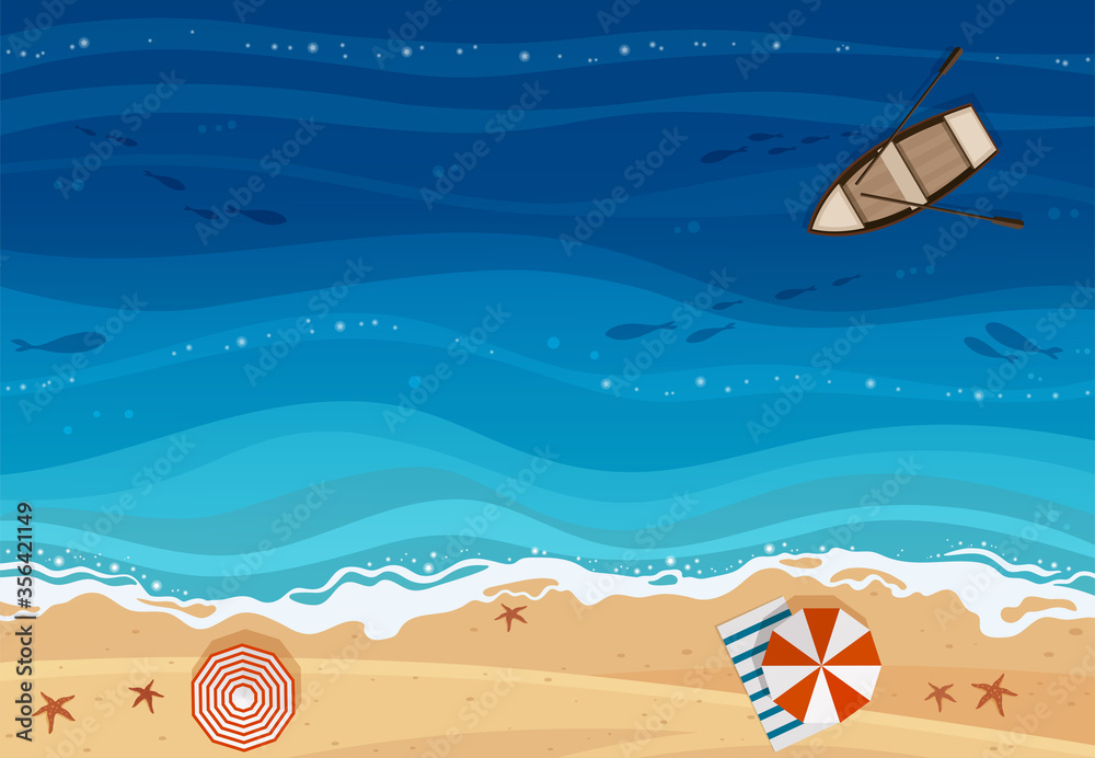 带伞的海滩，热带蓝色的大海和木船俯视图，矢量背景。