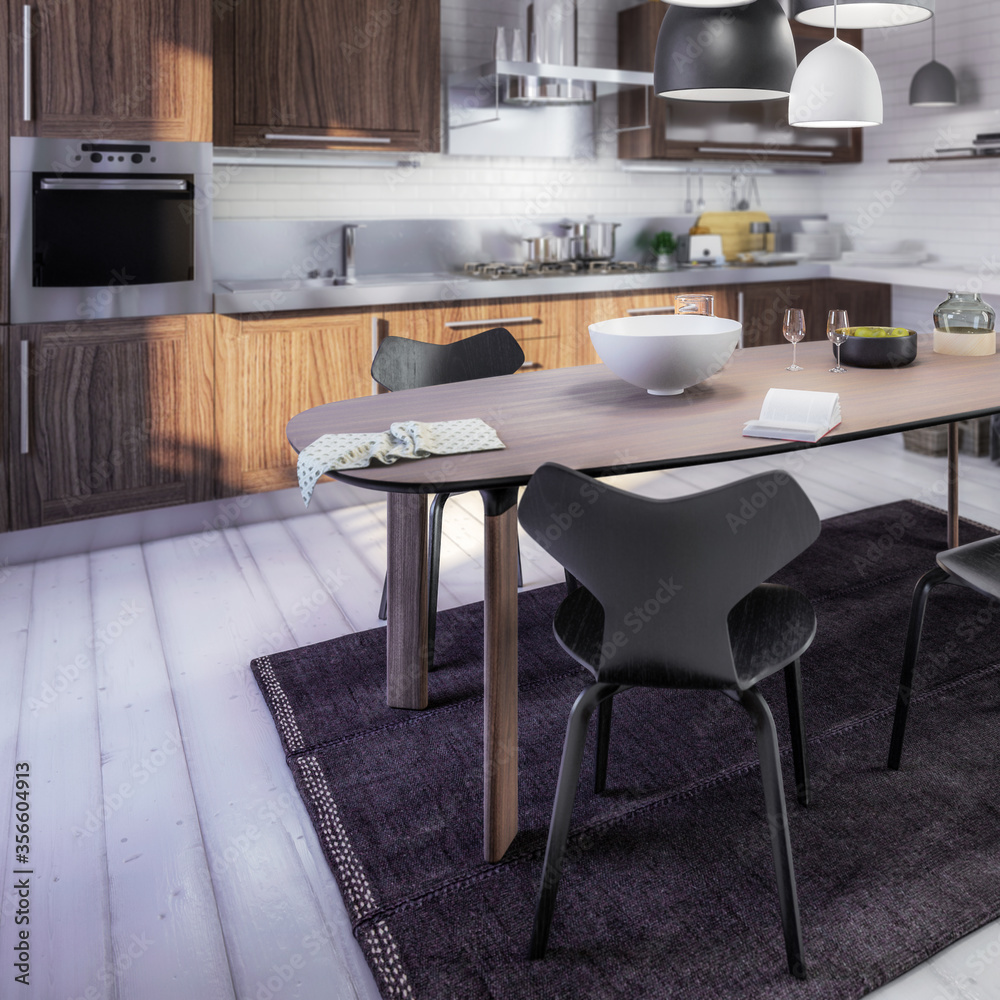 Contemporary Kitchen Area with Dining Room Integration (detail) - 3d visualization
