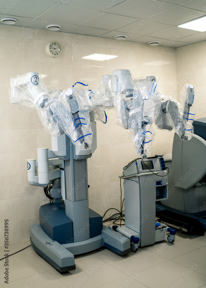 现代手术系统。医疗机器人。微创机器人手术。医学背景
