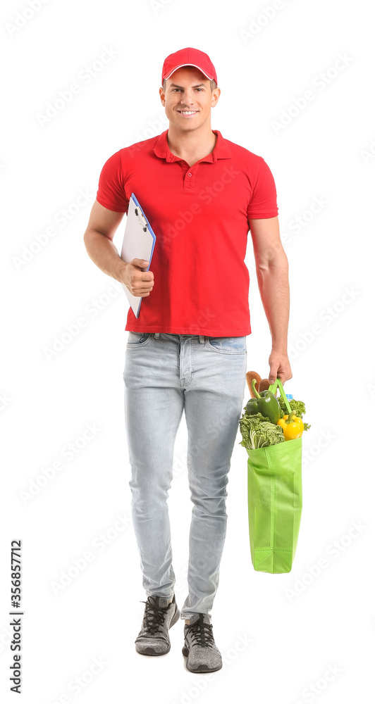 外卖员把食物装在袋子里，白色背景上有剪贴板