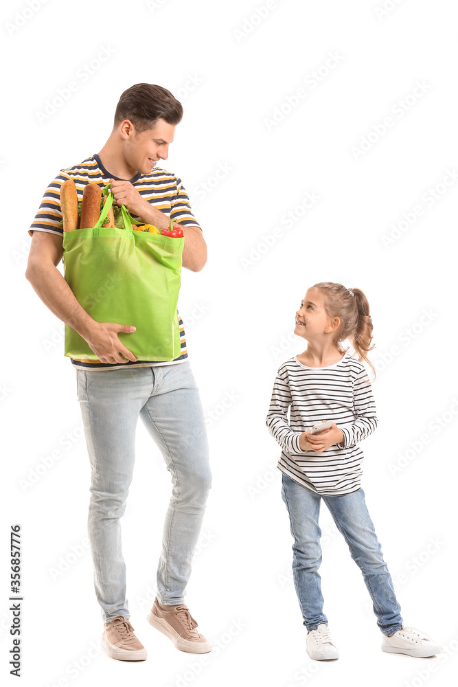 Father and daughter with food in bag and mobile phone on white background