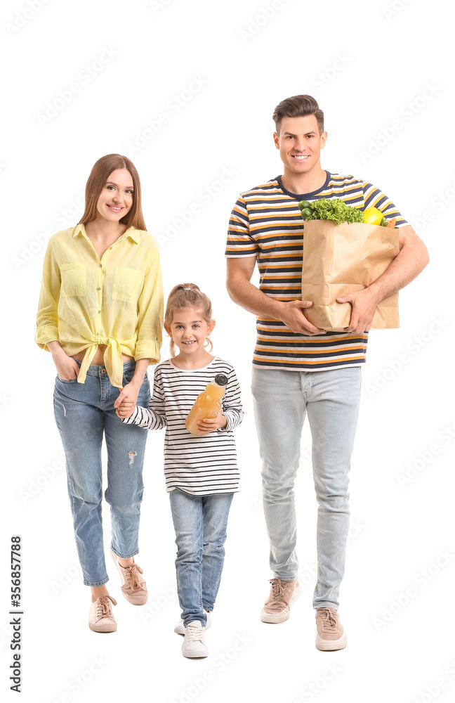 Family with food in bag on white background