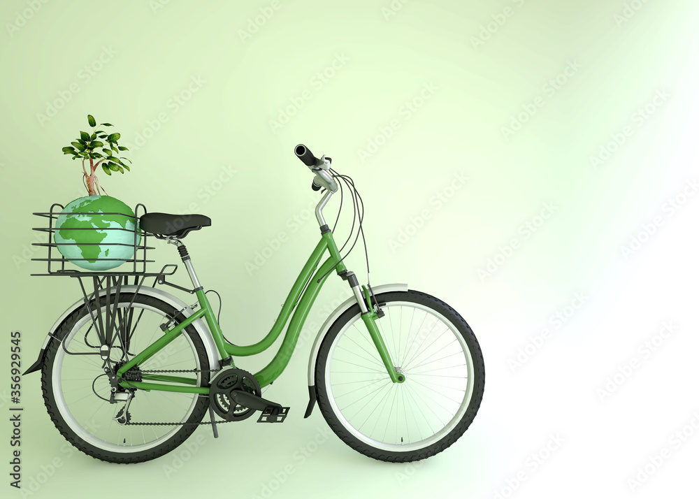 自行车篮子里的地球和植物，世界环境和可持续生活的概念图像，3D i