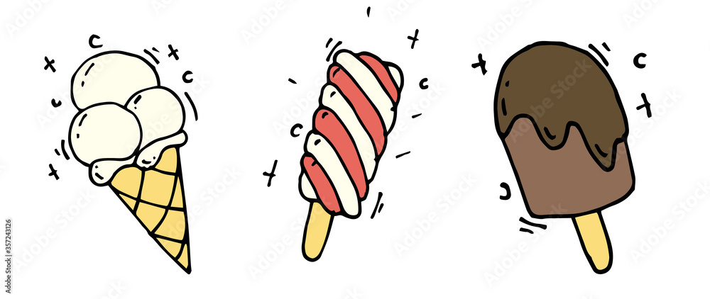 矢量插图，涂鸦风格，平面，卡通。冰淇淋套装：锥形香草冰淇淋，流行
